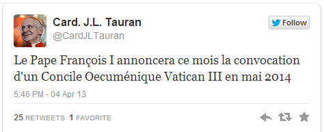 Screenshot of the tweet from Cardinal Tauran's feed