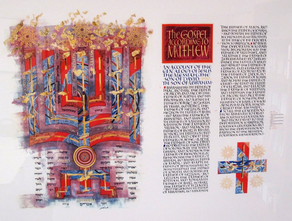 The opening pages for Matthew's Gospel in the St. John's Bible: courtesy of http://randallhasson.wordpress.com/2011/11/13/illuminating-the-word-the-st-johns-bible-exhibit-santa-fe-nm/