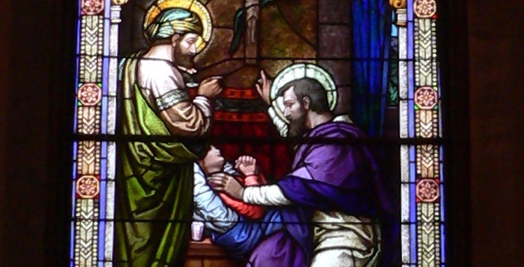 Window in nave of St. Bonaventure's Church in Raeville, Nebraska.