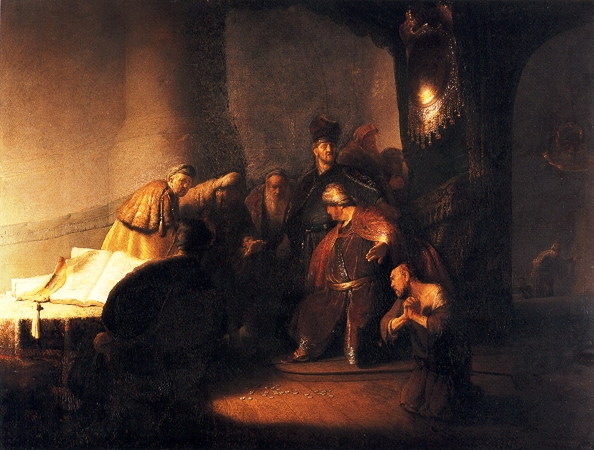 Judas returns the silver pieces, by Rembrandt (1628).