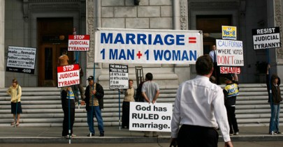 Supporters of Proposition 8 ban on gay marriage protest outside the California Supreme Court in San Francisco, California before a hearing on the initiative